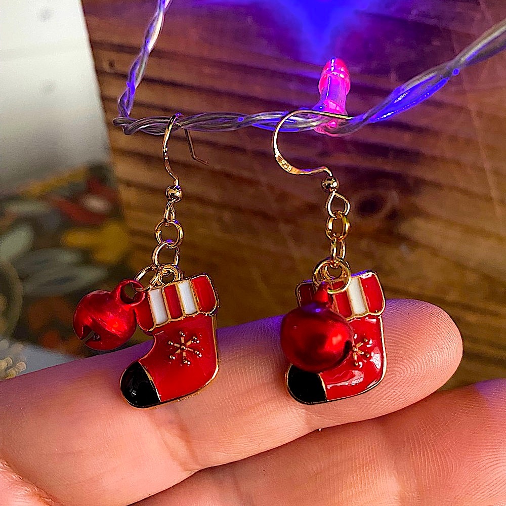 Festive Red Gold Jingle bell Stocking Earrings